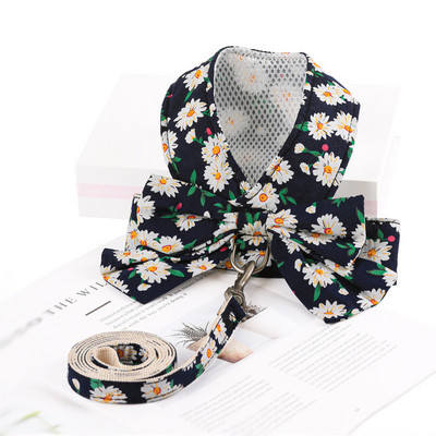 Set drăguț de ham și lesă pentru câini, respirabil, cu bowknot floral, ham pentru pisici pentru câini mici și mijlocii, lesă, accesorii pentru animale de companie