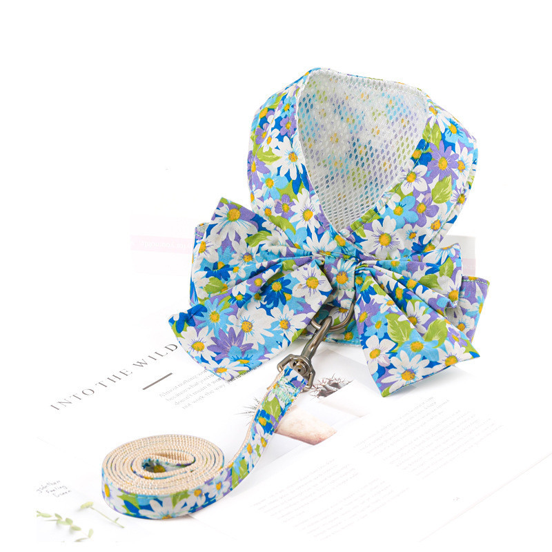 Set drăguț de ham și lesă pentru câini, respirabil, cu bowknot floral, ham pentru pisici pentru câini mici și mijlocii, lesă, accesorii pentru animale de companie