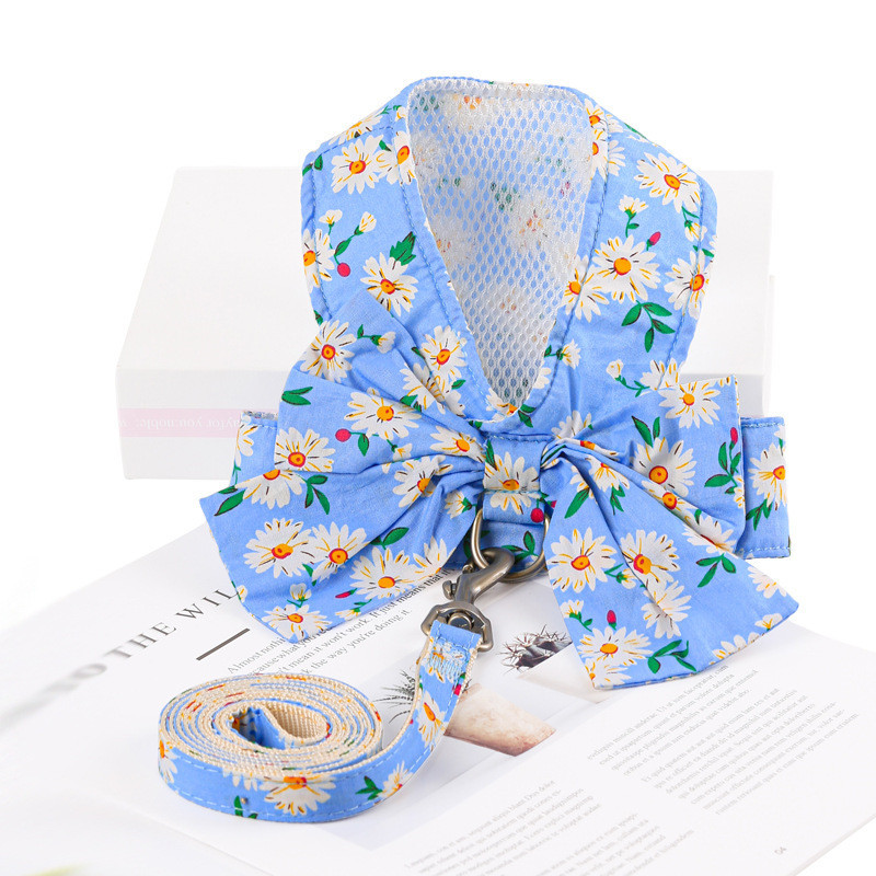 Set drăguț de ham și lesă pentru câini, respirabil, cu bowknot floral, ham pentru pisici pentru câini mici și mijlocii, lesă, accesorii pentru animale de companie