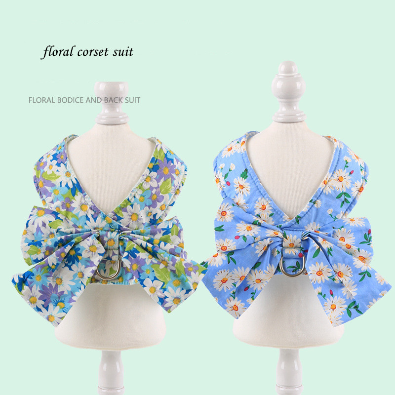 Set drăguț de ham și lesă pentru câini, respirabil, cu bowknot floral, ham pentru pisici pentru câini mici și mijlocii, lesă, accesorii pentru animale de companie