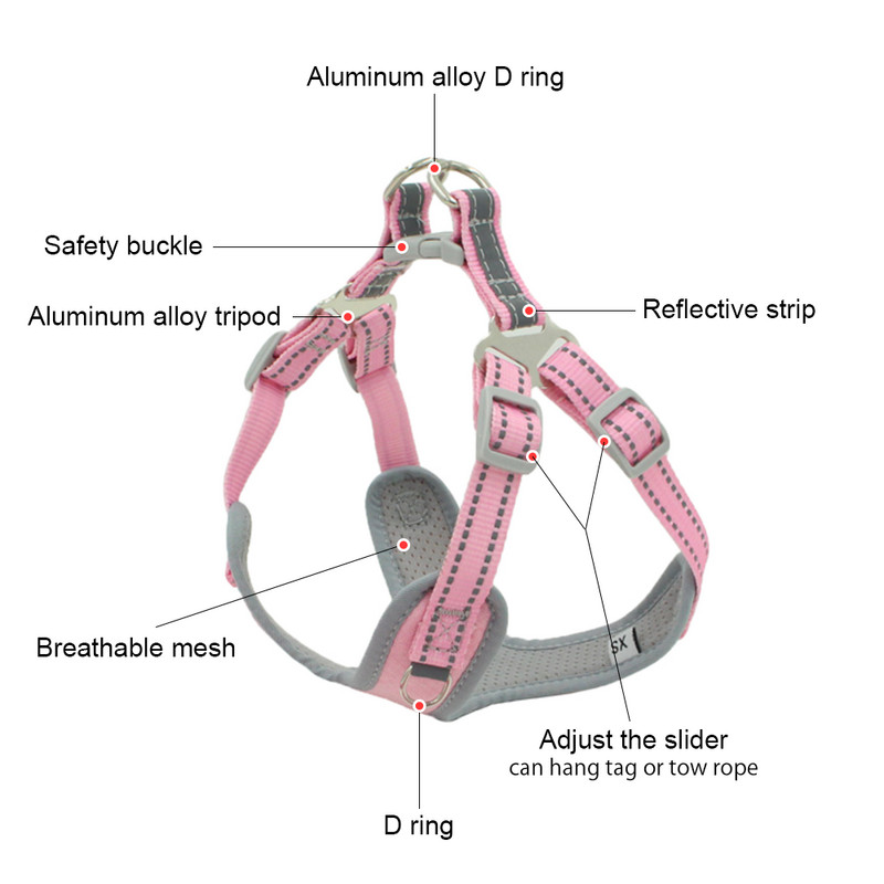 Ham pentru câini pentru animale de companie, haine reflectorizante, respirabile, pentru câini de dimensiuni medii mari, siguranța pentru plimbare animale de companie, cățeluș, nailon, roz, curea pieptului lesă