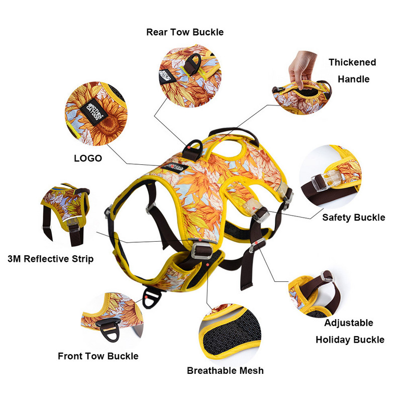 Ham floarea-soarelui Brother, pisica pentru câini, vestă, plasă respirabilă, ham de lux pentru câini, fără tragere, control pentru animale de companie, ham pentru piept pentru câini albastru, cu mâner
