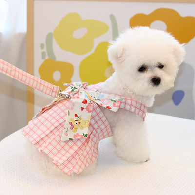 Set de lesă pentru ham pentru câini, pisici, drăguț, cu fundă florală, ham pentru animale de companie, vestă, cățeluș, rochie în carouri, fustă pentru chihuahua York, mers, alergare