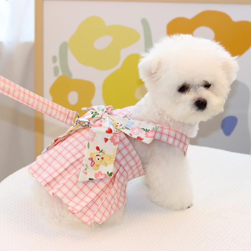 Set de lesă pentru ham pentru câini, pisici, drăguț, cu fundă florală, ham pentru animale de companie, vestă, cățeluș, rochie în carouri, fustă pentru chihuahua York, mers, alergare