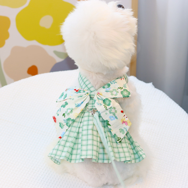 Set de lesă pentru ham pentru câini, pisici, drăguț, cu fundă florală, ham pentru animale de companie, vestă, cățeluș, rochie în carouri, fustă pentru chihuahua York, mers, alergare