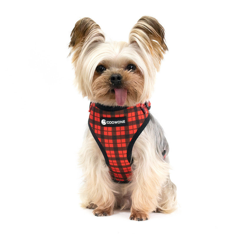 COLLARLOGO Prilagodljiva meka mreža podstavljena prsluk za štene za kućne ljubimce Oprtač za pse Crveni i crni karirani povodac bez povlačenja, pramčana ogrlica