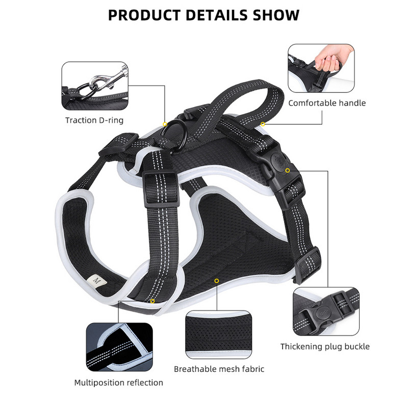 Ham fără tragere pentru câini, reglabil reflectorizant Oxford, control ușor, pentru câini medii, mari (L, gri)