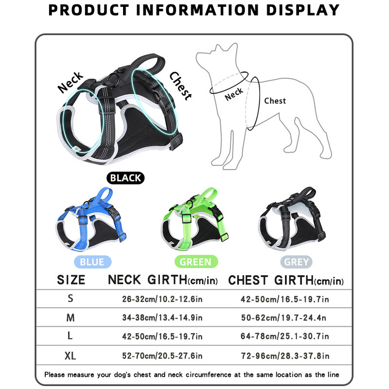 Ham fără tragere pentru câini, reglabil reflectorizant Oxford, control ușor, pentru câini medii, mari (L, gri)