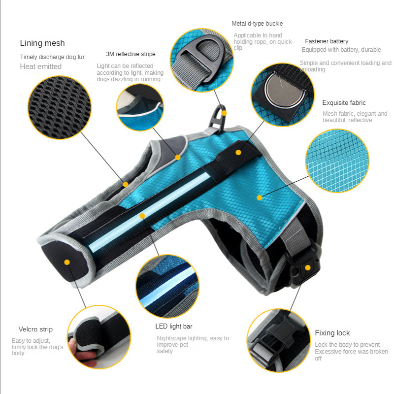 Ham pentru câini, cu LED-uri pentru câini mari, care strălucește în întuneric, vestă cu cureaua pentru piept, accesoriu reflectorizant sigur pentru plimbări în aer liber pentru zgarda de câine