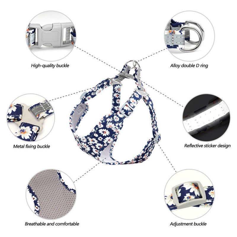 Harnaș pentru câini din nailon din plasă, vestă reflectorizată pentru câini, hamuri respirabile pentru animale de companie, veste pentru câini mici, mijlocii mari, imprimeu flori chihuahua