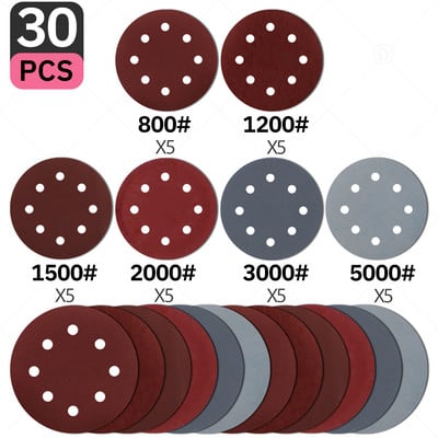 Okrugli brusni papir od 5 inča, 30 kom., brusni disk s 8 rupa, metalni automobilski drveni kotači za restauraciju komplet za poliranje 60#-5000# brusni list