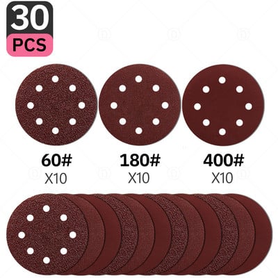 Okrugli brusni papir od 5 inča, 30 kom., brusni disk s 8 rupa, metalni automobilski drveni kotači za restauraciju komplet za poliranje 60#-5000# brusni list