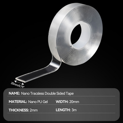 3 metri nano bandă dublă transparentă fără urme, reutilizabilă, adeziv rezistent la apă, autocolant de perete puternic pentru mașină, baie, bucătărie