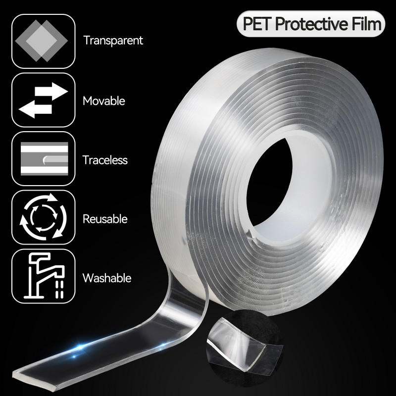3 metri nano bandă dublă transparentă fără urme, reutilizabilă, adeziv rezistent la apă, autocolant de perete puternic pentru mașină, baie, bucătărie