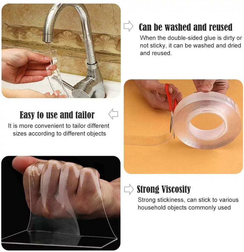 1/2/3/5M nanoteip Kahepoolne teip läbipaistev NoTrace korduvkasutatav veekindel teip Puhastav kodu Gekkoteip