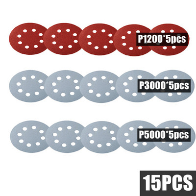 15 bucăți 5 inch 125 mm șmirghel rotund cu 8 găuri Disc de șlefuit Metal Auto Lemn Kit de lustruire pentru restaurare roți de mașină Foaie de nisip cu granulație 60-5000