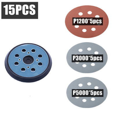 15 bucăți 5 inch 125 mm șmirghel rotund cu 8 găuri Disc de șlefuit Metal Auto Lemn Kit de lustruire pentru restaurare roți de mașină Foaie de nisip cu granulație 60-5000