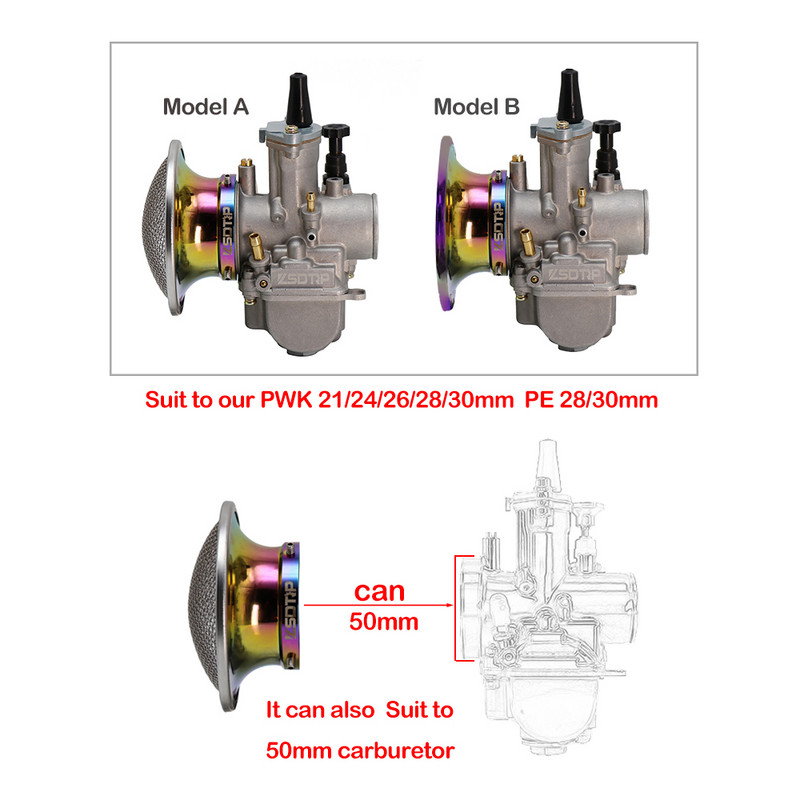 Cupă pentru filtru de aer ALCON-50mm Cupă modificată pentru claxon pentru carburator cu plasă potrivită pe PE PWK 21 24 26 28 30mm Carburator universal pentru motociclete