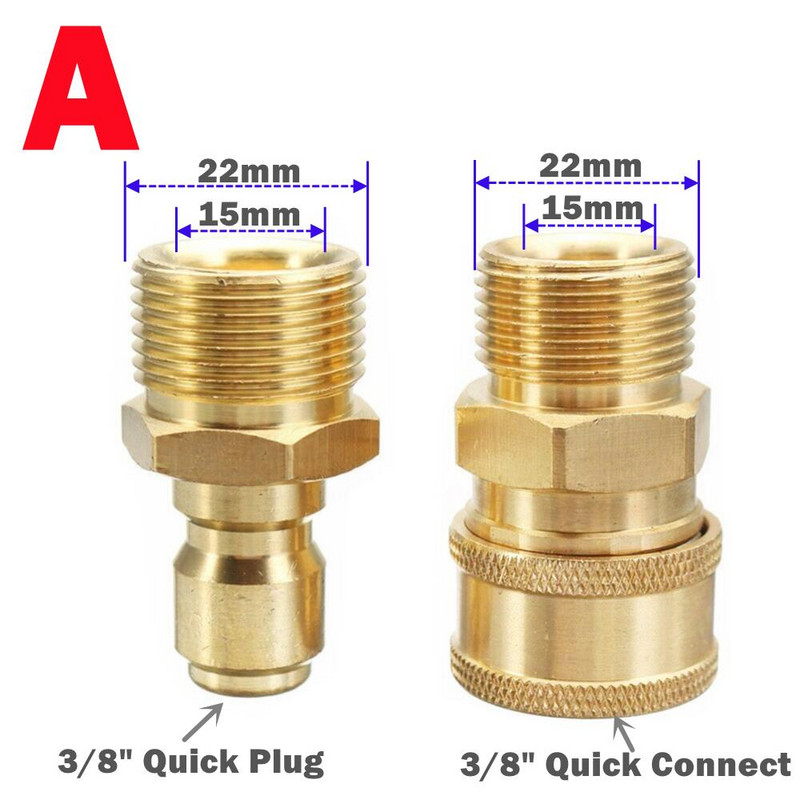 1 pereche de conector de alamă cu eliberare rapidă de 3/8 inch cu filet M22 15 mm adaptor pin pentru furtun și ieșire pentru mașina de spălat cu înaltă presiune
