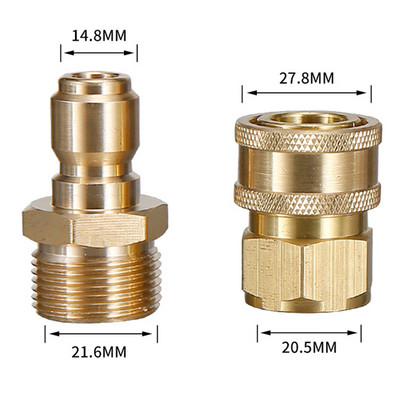 1 paar messingist 3/8-tolline kiirkinnitusühendus M22 keermega 15 mm tihvti adapteriga kõrgsurvepesuri vooliku ja väljalaskeava jaoks