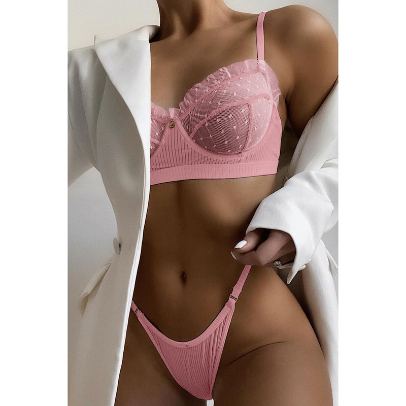 Volane Mesh Dantela Lenjerie 2 piese Set de lenjerie de corp pentru femei Sutiene transparente Seturi de slip de chiloți Lenjerie sexy albă Set de sutien fără sudură