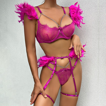 MeiKeDaiNicey Feather Sensual Lingerie Секси прозрачен дантелен сутиен с верижка Екзотични комплекти Порно Комплект от 3 части Жартиери Еротични костюми