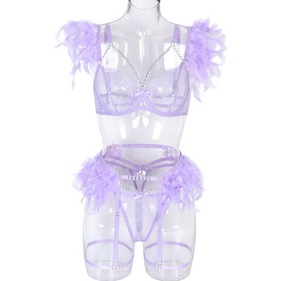 MeiKeDaiNicey Feather Lenjerie senzuală Sutien sexy din dantelă transparentă cu lanț Seturi exotice  Set 3 piese Jartiere Costume erotice