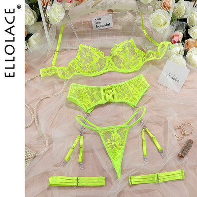 Ellolace Lenjerie erotică Dantela Sutien transparent Seturi exotice Sexy Tanga Femei ancy Sensual Lenjerie de lux 4 piese