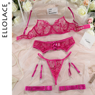 Ellolace Lenjerie erotică Dantela Sutien transparent Seturi exotice Sexy Tanga Femei ancy Sensual Lenjerie de lux 4 piese