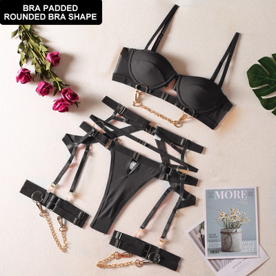 Ellolace Fine Lingerie Seksikas väljamõeldud aluspesu 5-osaline õrn ja luksuslik erootiline komplekt rinnahoidja ja sukkpükste komplektiga sukapaelad intiimsed