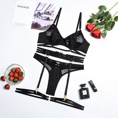 Set de sutien negru Yimunancy, 3 piese, set de lenjerie cu plasă transparentă pentru femei, set de lenjerie intimă sexy pentru femei