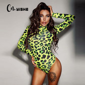 CNYISHE moteriškas ilgomis rankovėmis leopardo odos margintas bodis Sexy Neon Green Streetwear kombinezonas Skinny Leopard Tops Madingi šliaužtinukai