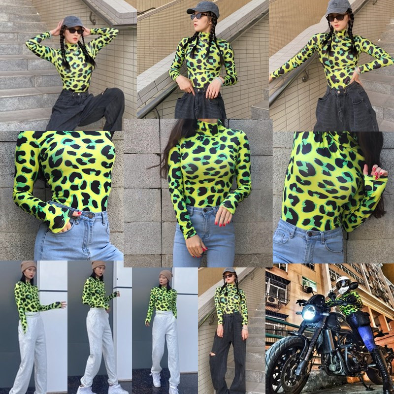 CNYISHE moteriškas ilgomis rankovėmis leopardo odos margintas bodis Sexy Neon Green Streetwear kombinezonas Skinny Leopard Tops Madingi šliaužtinukai