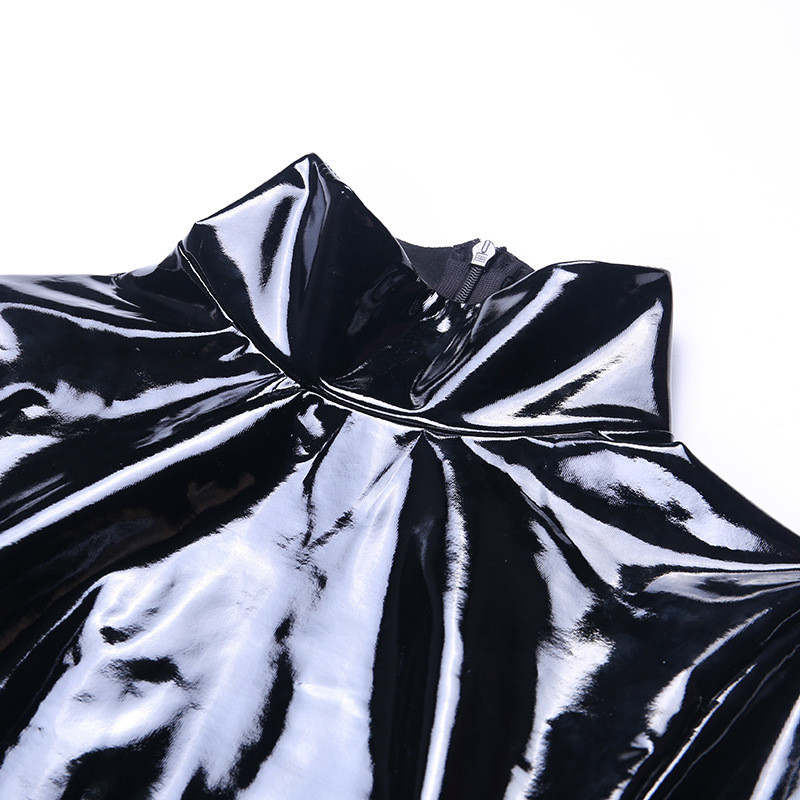 Juodas ilgomis rankovėmis PU odinis kombinezonas plonas vėžlys, besiūlis seksualus žaidimų kostiumas Moterų naktinio klubo vakarėliui apatinių marškinėlių latekso kombinezonas