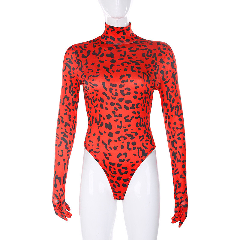 BKLD Turtleneck Leopard Print Bodysuit ar garām piedurknēm ar cimdiem Bodycon Rompers Sieviešu kombinezons Rudens Clubwear Bodysuits 2019