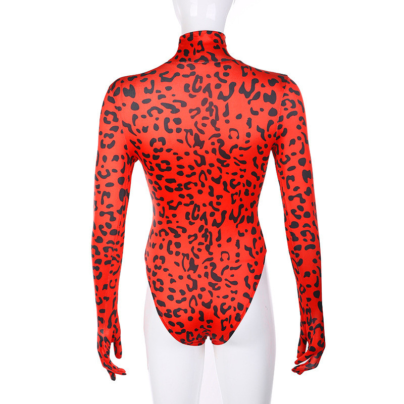 BKLD Turtleneck Leopard Print Bodysuit ar garām piedurknēm ar cimdiem Bodycon Rompers Sieviešu kombinezons Rudens Clubwear Bodysuits 2019