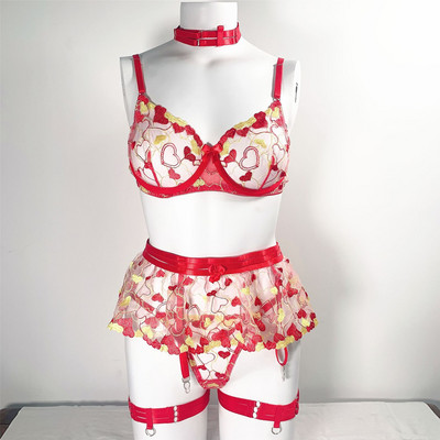 Yimunancy čipkani egzotični kompleti 3-dijelni komplet donjeg rublja za djevojčice s kontrastnim srcem i podvezicama s naborima