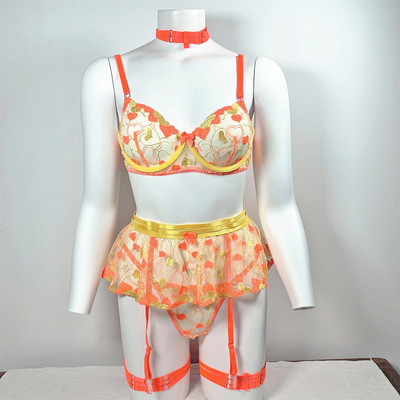 Yimunancy čipkani egzotični kompleti 3-dijelni komplet donjeg rublja za djevojčice s kontrastnim srcem i podvezicama s naborima