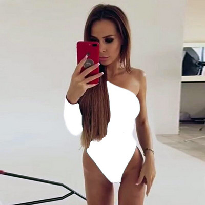 Crni osnovni bodi na jedno rame Rebrasti pleteni elegantni ženski seksi jesenski bodi 2019. Modni uski bodi dugih rukava