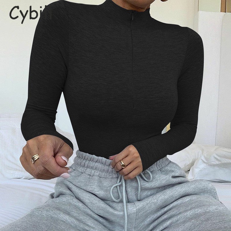 Φορμάκι Cybill Zipper Μακρύ μανίκι Bodycon Γυναικείο Φθινοπωρινό Φορμάκι με φερμουάρ Γυναικείο χειμερινό σώμα Γυναικείο μαύρο τοπ