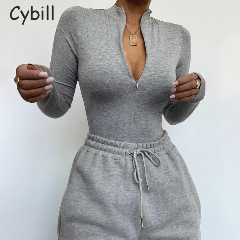 Φορμάκι Cybill Zipper Μακρύ μανίκι Bodycon Γυναικείο Φθινοπωρινό Φορμάκι με φερμουάρ Γυναικείο χειμερινό σώμα Γυναικείο μαύρο τοπ