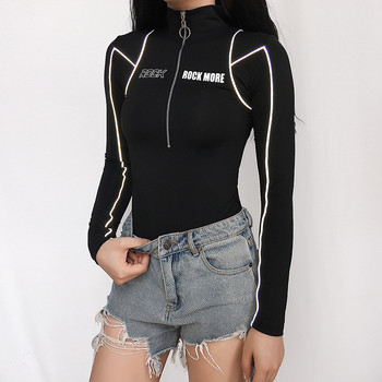 Rockmore Bodycon Long Sleeve Reflective Stripe Zipper Bodysuit Women Letter Printed Dams Bodysuits Streetwear Есен Зима