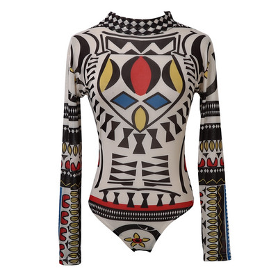 Γυναικεία στάμπα Totem Φορμάκια Μακρυμάνικα Romper Bodysuit Stretch Leotard μπλούζες Λεπτό παντελόνι Femme Νέο