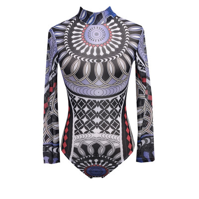 Γυναικεία στάμπα Totem Φορμάκια Μακρυμάνικα Romper Bodysuit Stretch Leotard μπλούζες Λεπτό παντελόνι Femme Νέο