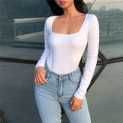Body skinny tricotat cu mâneci lungi femei iarnă toamnă iarnă guler pătrat solid alb îmbrăcăminte neagră body top costum salopetă