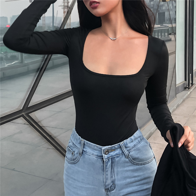 Body skinny tricotat cu mâneci lungi femei iarnă toamnă iarnă guler pătrat solid alb îmbrăcăminte neagră body top costum salopetă