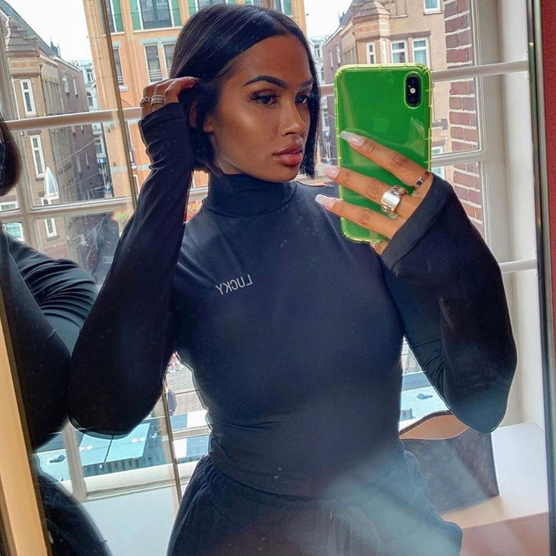 CNYISHE Modni bodi s dolčevitom s printom sretnih slova Ženski kombinezoni Zimski kombinezoni s uskim kombinezonima dugih rukava Ženski bodi