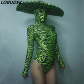 Γυναικεία ομάδα χορού Jazz Stage Φόρεμα Πράσινο Μαύρο Ζέβρα Μοτίβο Στρέτσ Κοστούμι Skinny Φορμάκι μεγάλο καπέλο Dance Bar Nightclub DS κοστούμι