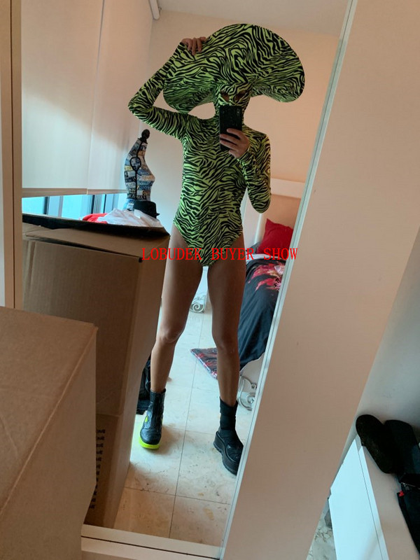 Γυναικεία ομάδα χορού Jazz Stage Φόρεμα Πράσινο Μαύρο Ζέβρα Μοτίβο Στρέτσ Κοστούμι Skinny Φορμάκι μεγάλο καπέλο Dance Bar Nightclub DS κοστούμι