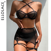 Ellolace Sensual Lingere Exotic Bandage Garter με κάλτσες Διαφανές σουτιέν Intimate Hard Woman 3 τεμαχίων μαύρα φανταχτερά εσώρουχα